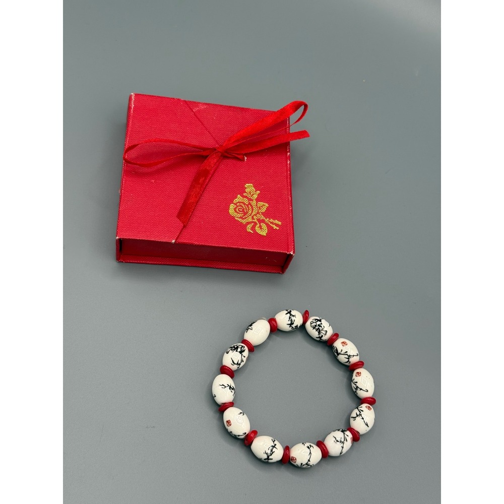 Vintage Asian Hand Painted Ceramic Bead Stretch Bracelet White Red Black Floral